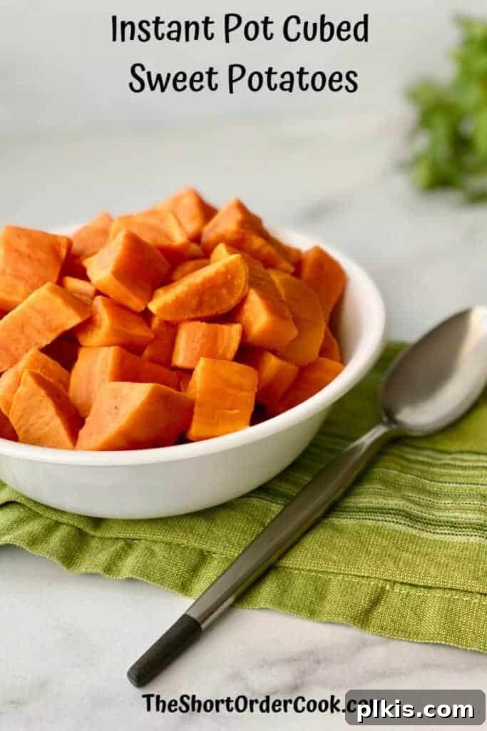 Over 30 Quick and Flavorful Vegan Instant Pot Recipes 35 completed Instant Pot Sweet Potatoes in a white bowl on top of a green towel against a white surafece