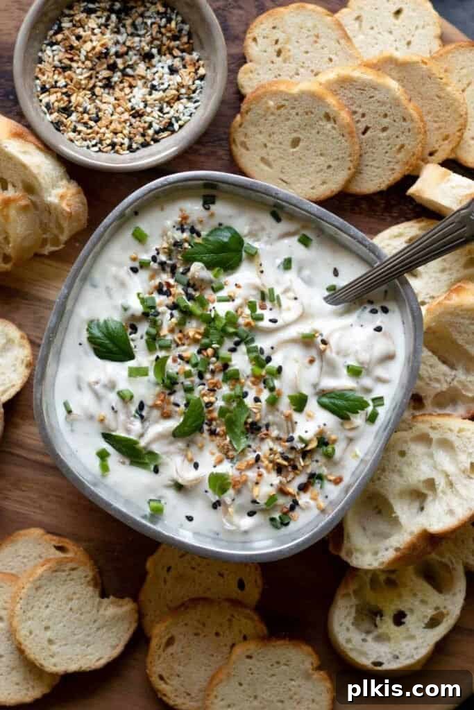 50 Quick Vegan Bites 17 A completed Caramelized Onion Dip in a gray bowl with scattered bread in the background.