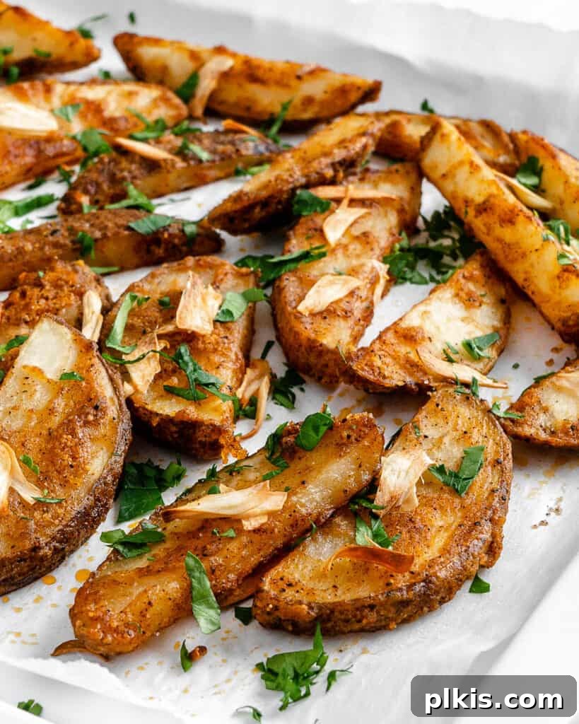 50 Quick Vegan Bites 23 Completed Oven Baked Garlic Parsley Fries scattered deliciously on a baking tray.