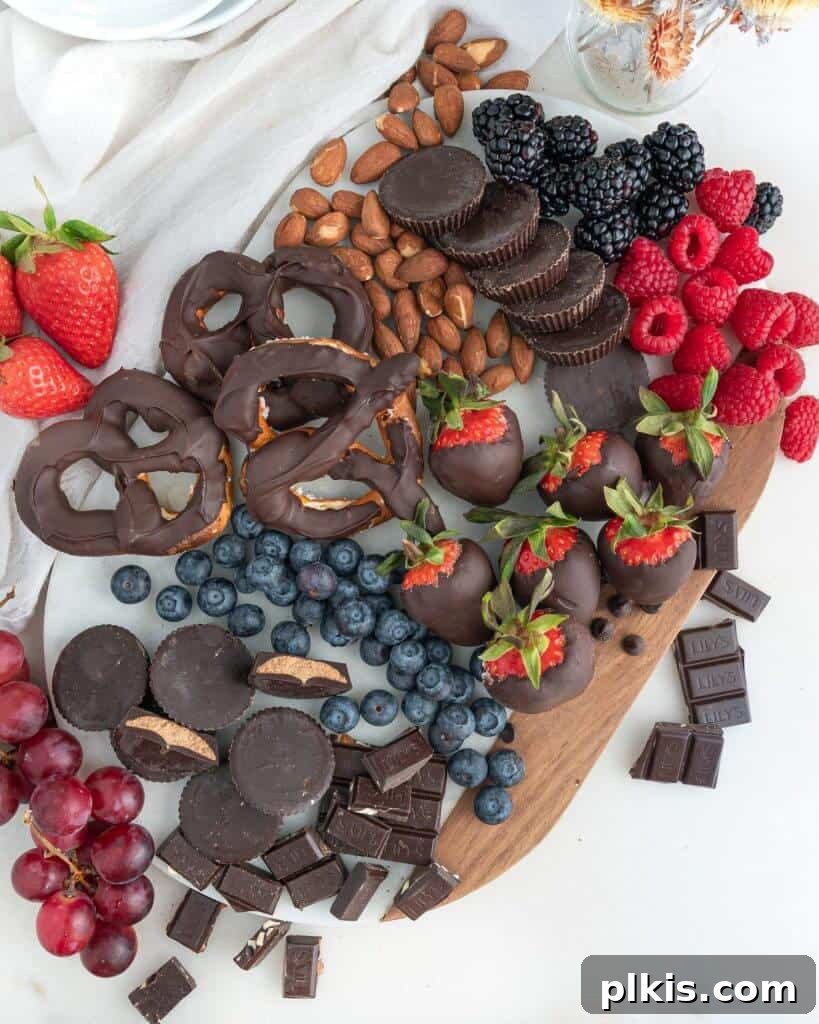 50 Quick Vegan Bites 5 A completed charcuterie board filled with a wide array of fruits and chocolate-dipped delights.