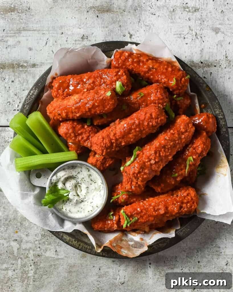 50 Quick Vegan Bites 40 Completed Buffalo Tofu Wings beautifully plated against a stylish gray background.