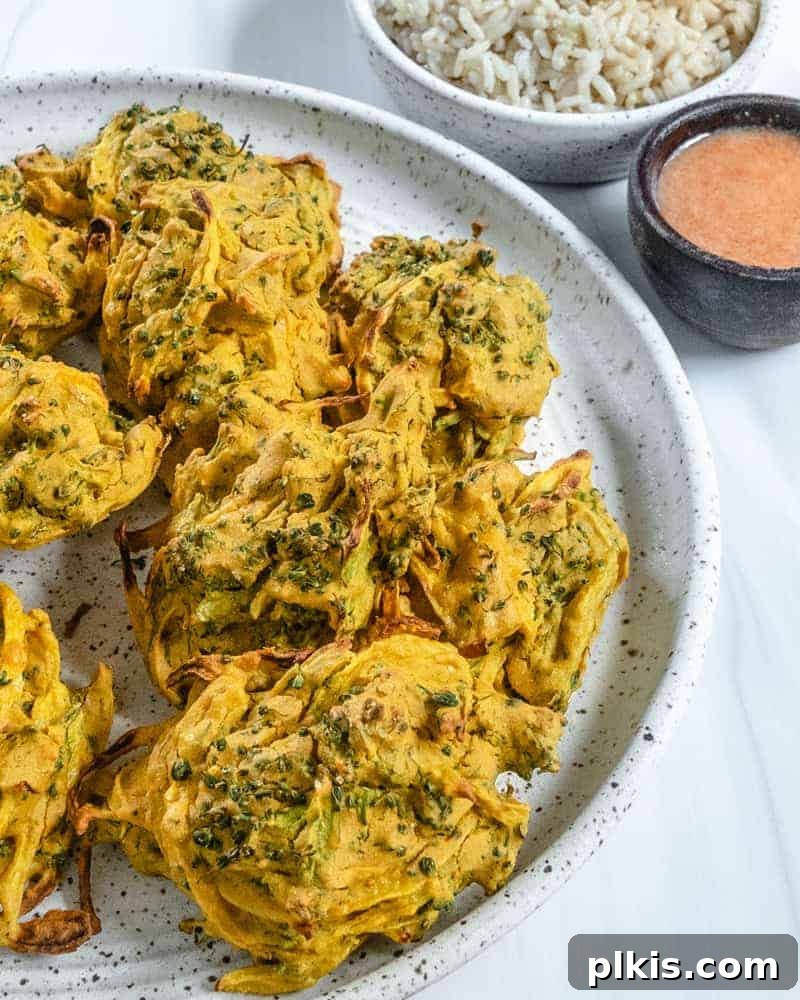 50 Quick Vegan Bites 56 Completed broccoli and onion pakora, beautifully plated and ready to be enjoyed.