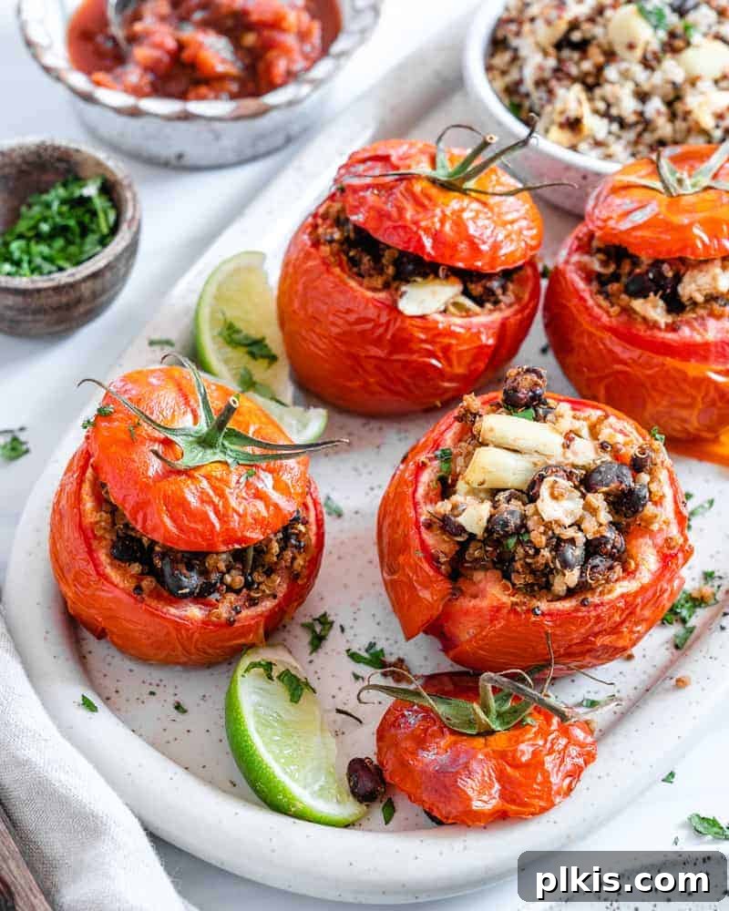 50 Quick Vegan Bites 66 Completed stuffed tomatoes elegantly plated on a white platter against a clean white background.