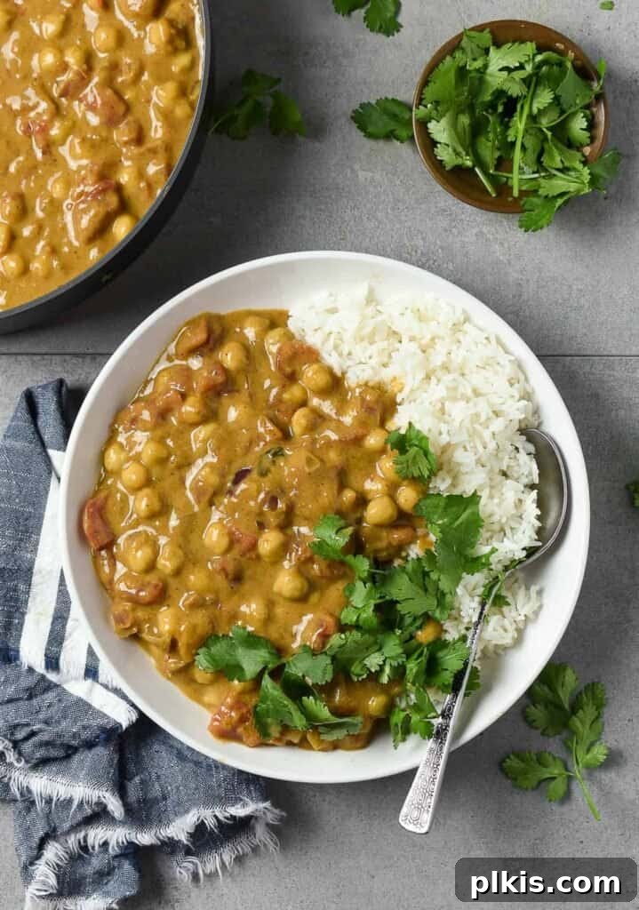 Quick & Delicious: 30-Minute Vegan Dinners 20 Completed chickpea curry on a gray background with ingredients in the background.