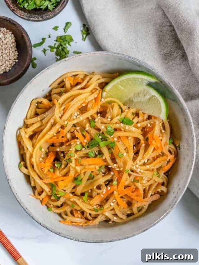 Quick & Delicious: 30-Minute Vegan Dinners 5 Completed sesame noodle salad in a white bowl against a white background.