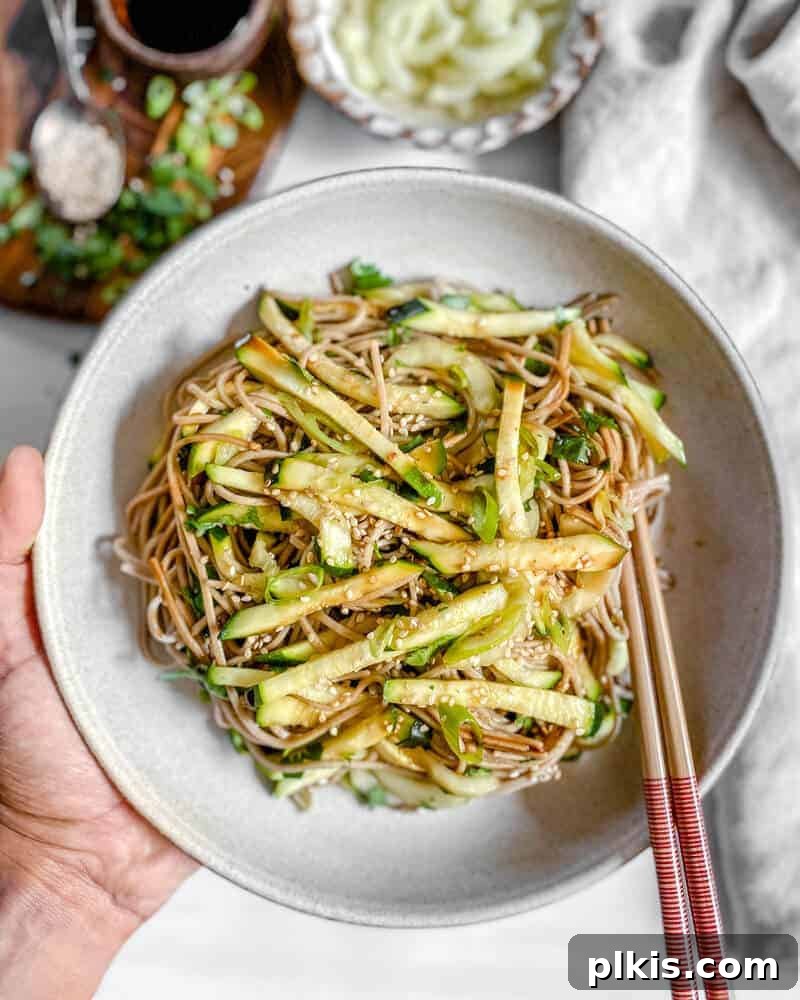Quick & Delicious: 30-Minute Vegan Dinners 6 Completed warm soba salad in a white bowl with chopsticks in the bowl against a white background with veggies.
