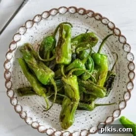 A plate of perfectly blistered shishito peppers.