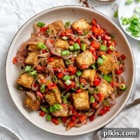 A plate of perfectly seasoned Salt and Pepper Tofu.