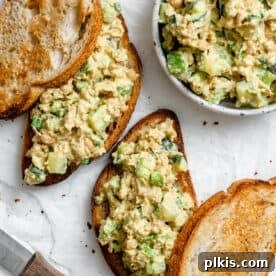 Plant-based chickpea tuna salad served on gluten-free bread.
