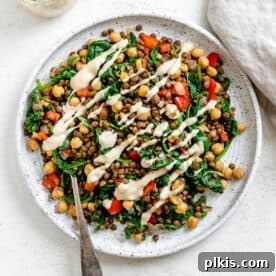 A plate of colorful Vegan Lentil Chickpea Salad.