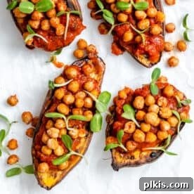Chickpea Sweet Potato Boats served on a white surface.