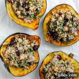 Vegan Stuffed Acorn Squash with Quinoa on a baking dish.