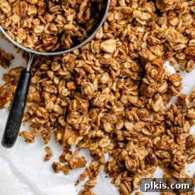 A serving of crunchy peanut butter granola on a white background.