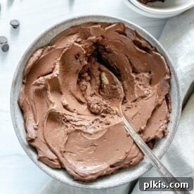 A white bowl of Simple Chocolate Mousse, garnished with scattered chocolate chips.