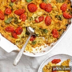 A vegan potato frittata, baked to perfection in a casserole dish.