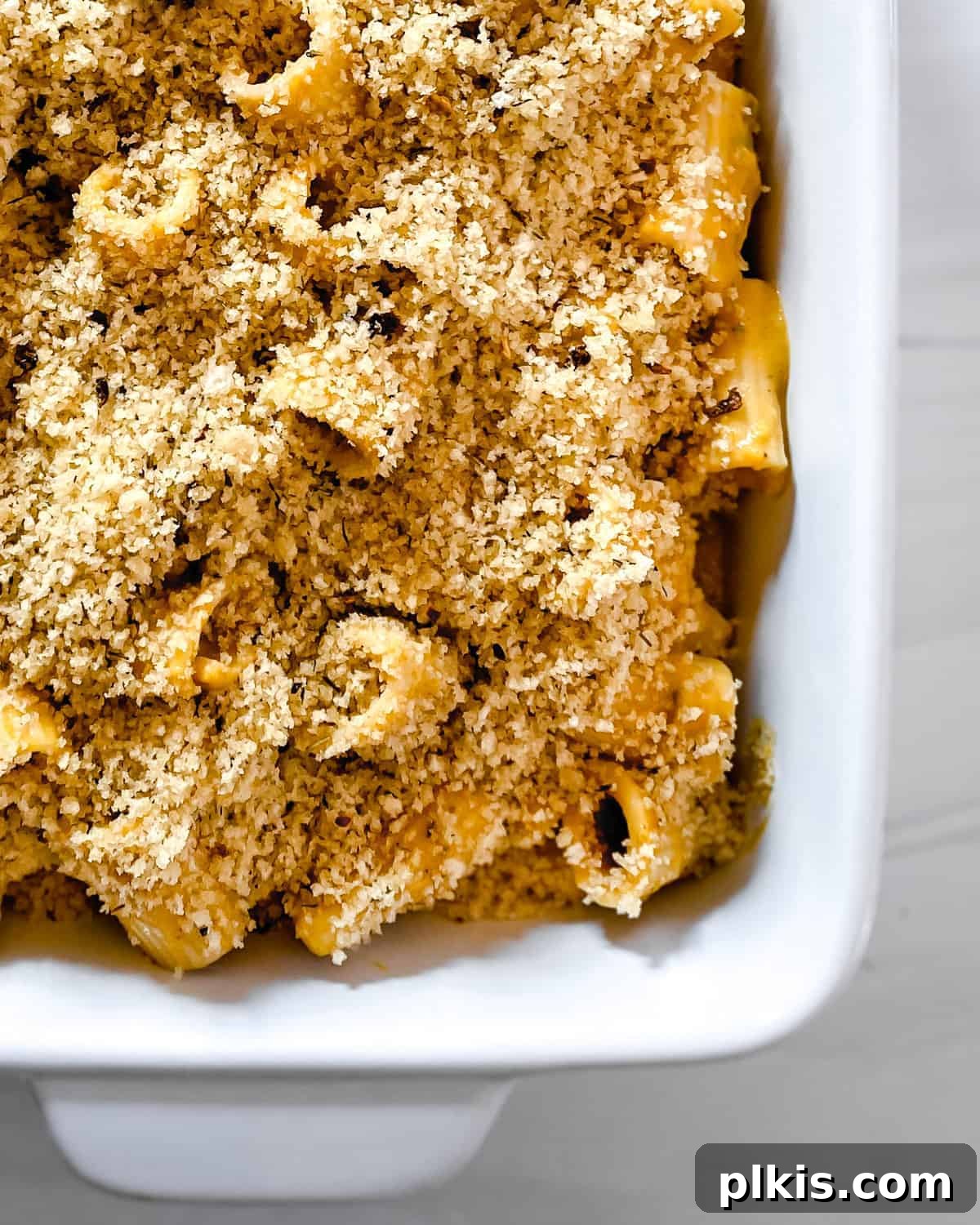 A close-up shot of a completed vegan pumpkin pasta bake served in a pristine white dish, showcasing its golden-brown topping and creamy texture.