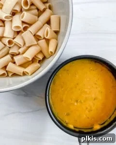 The creamy pumpkin sauce in one bowl and freshly cooked pasta in another, ready to be combined for the bake.