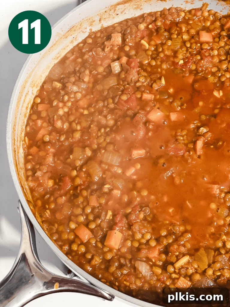 Effortlessly Delicious Curried Lentils 14 Process shot of curry cooking gently in pan, lid off