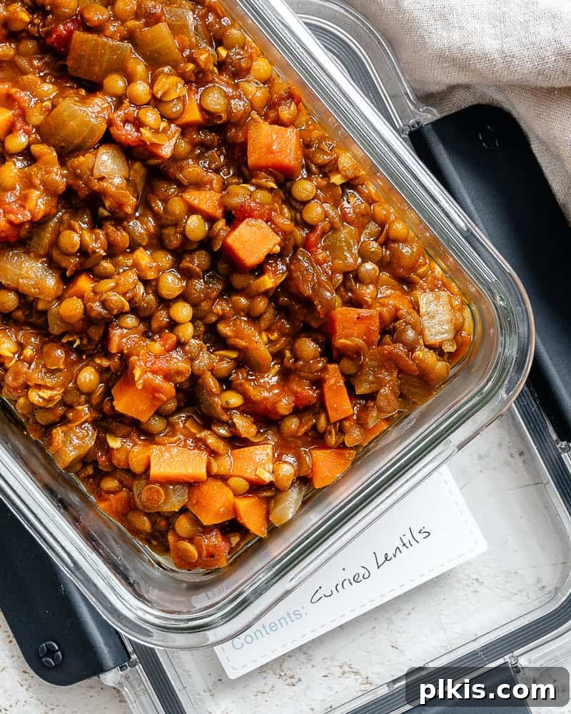 Effortlessly Delicious Curried Lentils 16 Completed Quick Curried Lentils in a glass storage container