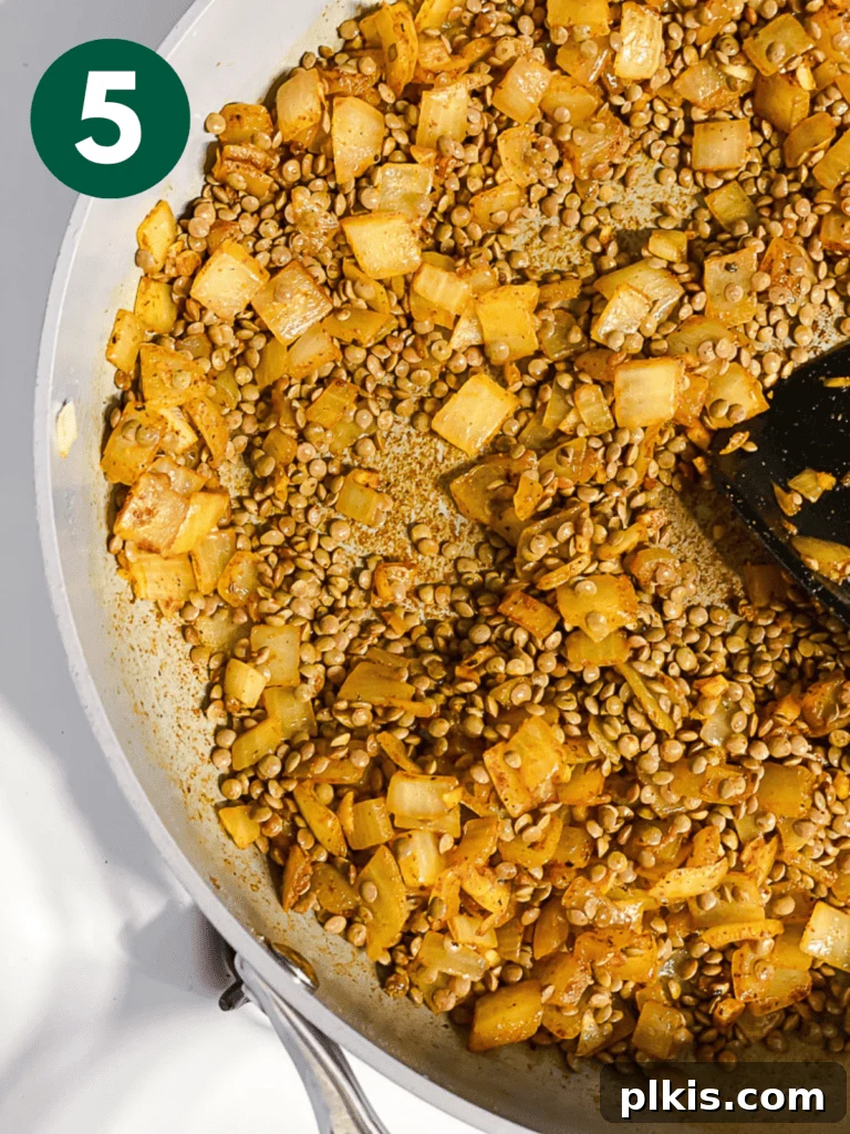 Effortlessly Delicious Curried Lentils 8 Process shot of mixing ingredients together in pan before adding liquid