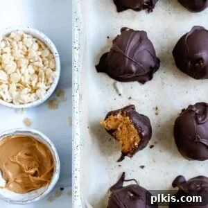 Crispy Vegan No-Bake Chocolate Peanut Butter Bites 11 several completed Peanut Butter Bon Bons with one with a bite taken out of it