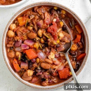 A completed bowl of Vegan Bean Chili, ready to be served and enjoyed.