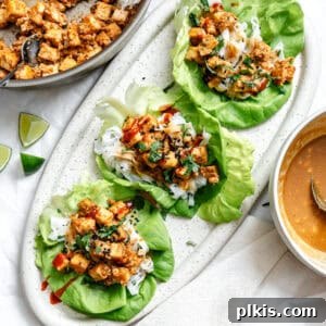 completed Tofu Lettuce Wraps with Peanut Sauce on platter