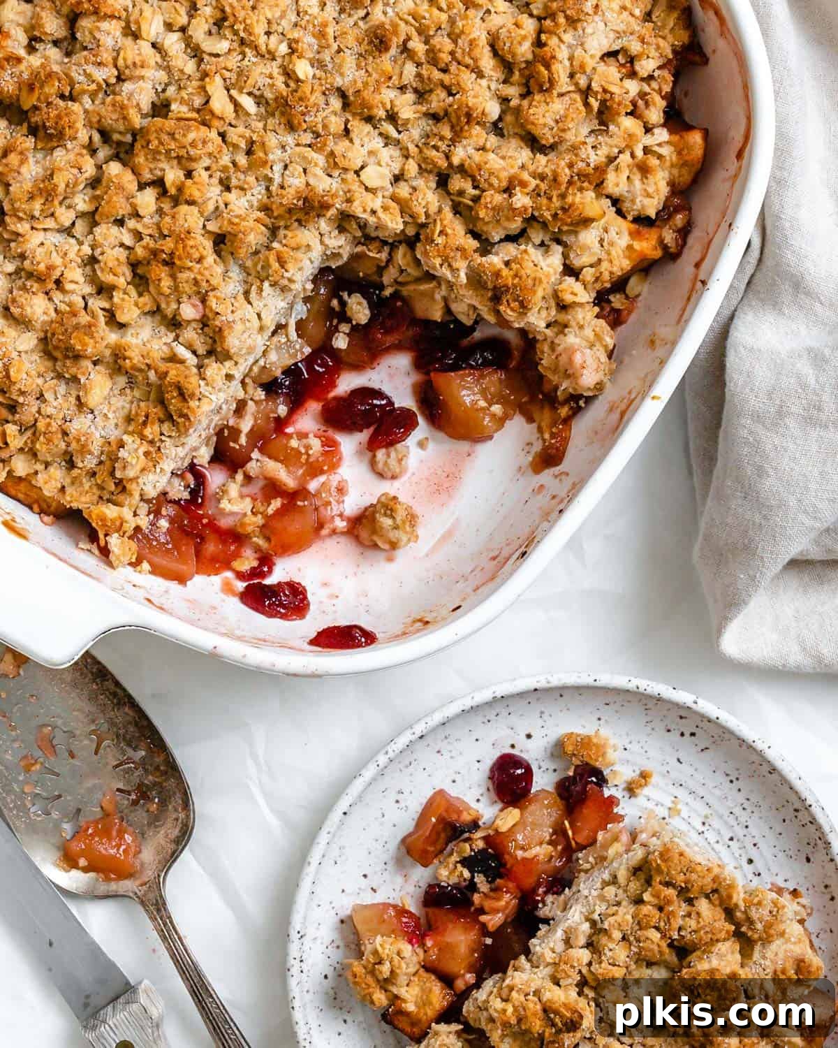 Autumn Apple Cranberry Delight 2 Completed Apple Cranberry Crisp with a slice served on a small white plate, set against a pristine white background. The crisp features a golden-brown, oat-filled topping and a vibrant, bubbly fruit filling.