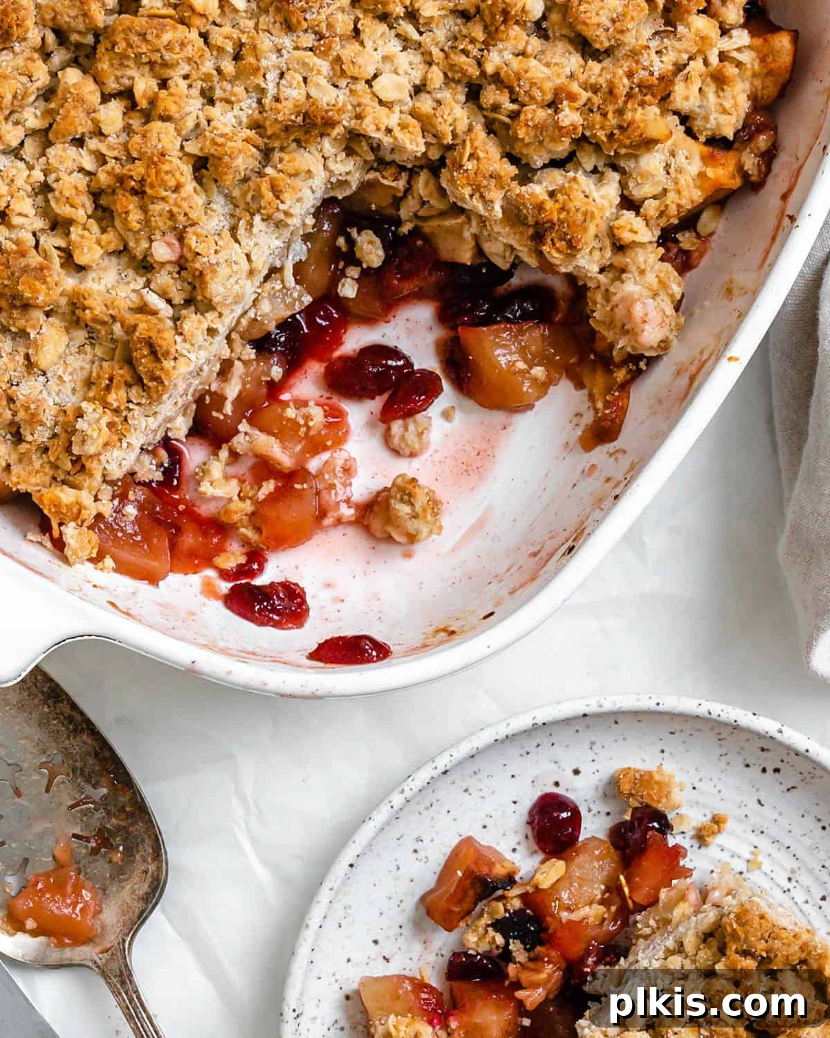 Autumn Apple Cranberry Delight 12 Another view of the completed Apple Cranberry Crisp, with a portion plated on a small white dish, highlighting the inviting golden topping and rich fruit filling.