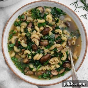 Velvet Mushroom Elixir 12 A completed bowl of mushroom orzo soup with a spoon, ready to be served.