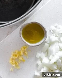 A small bowl containing chopped garlic, onion, and olive oil, ready to be added to the pot.