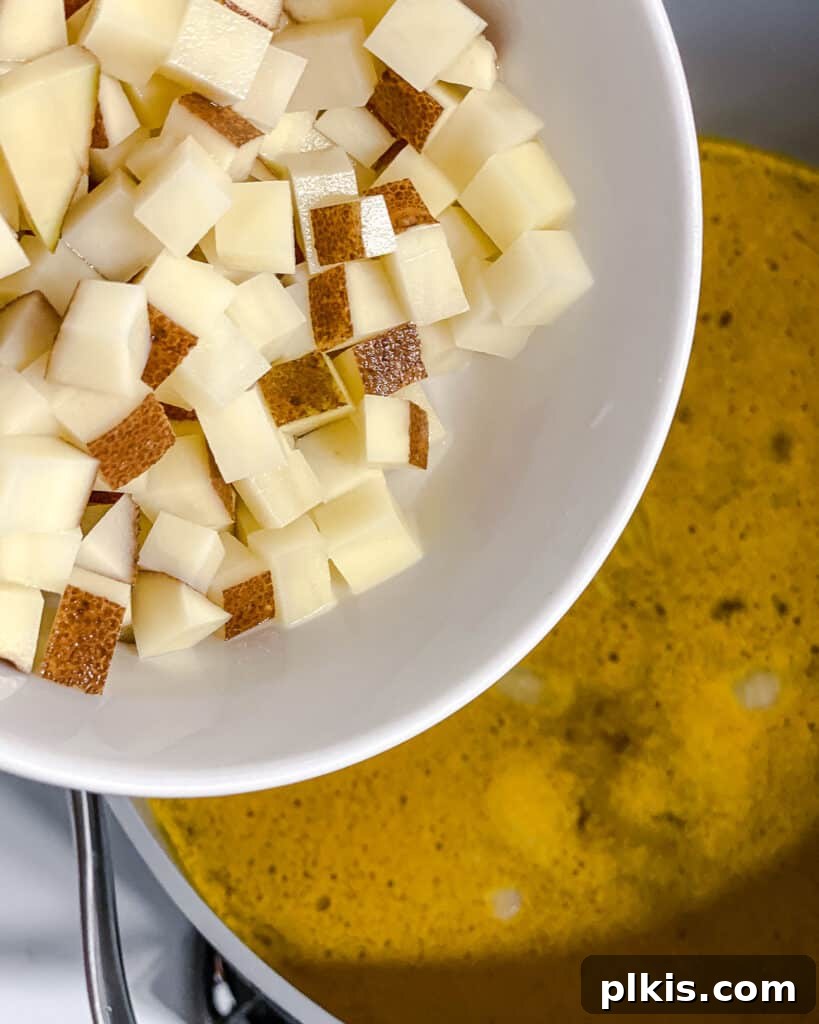 Golden Lentil and Carrot Delight 11 process shot of potatoes being added to pot