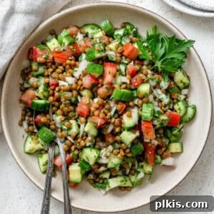 Completed Lentil Tabbouleh plated on a plate against a light surface.