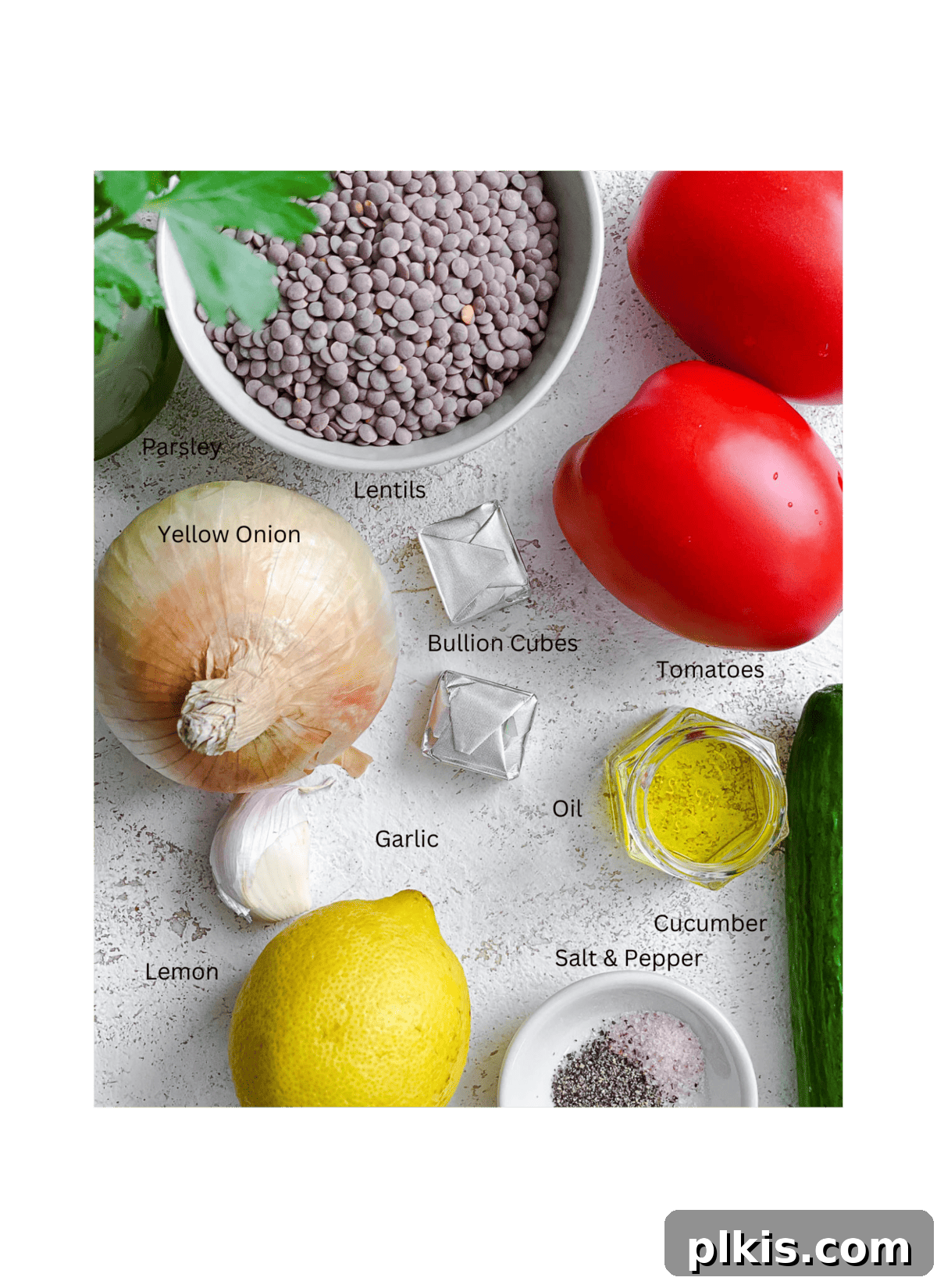 Fresh and Flavorful Lentil Tabbouleh 3 Ingredients for Lentil Tabbouleh measured out against a white surface, showing fresh vegetables and lentils.