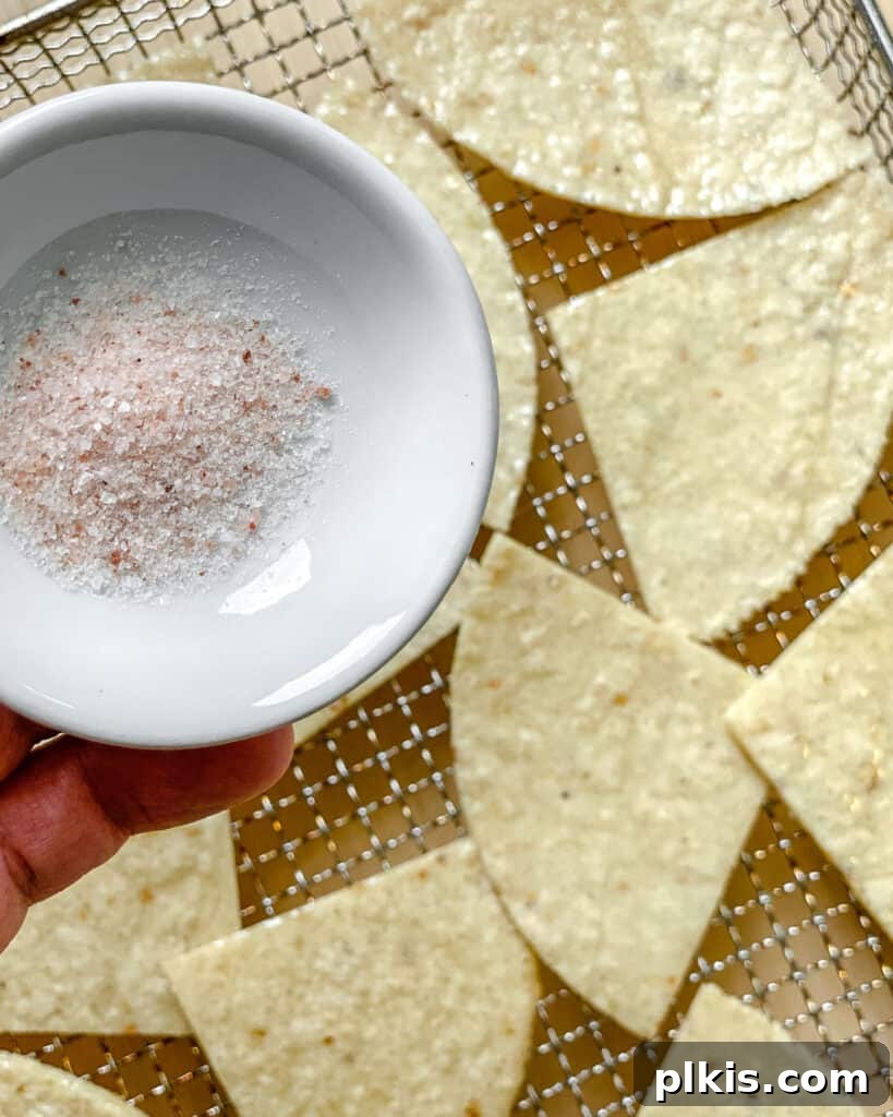 The Crispiest Air Fryer Tortilla Chips 7 bowl of salt alongside tortilla chips