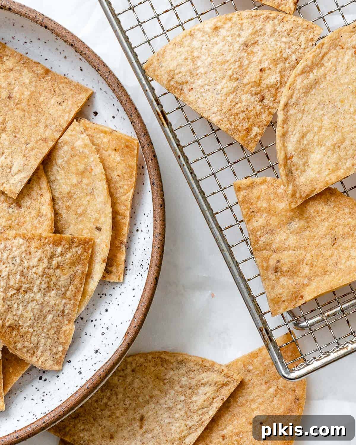 The Crispiest Air Fryer Tortilla Chips 10 completed Air Fryer Tortilla Chips plated alongside chips against a white surface with salsa on the side