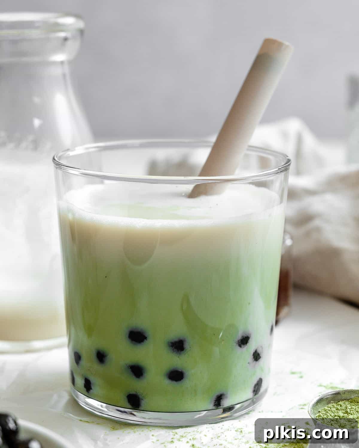 Emerald Creamy Matcha Boba 7 completed Matcha Boba Tea (Green Milk Tea) in a glass against a light background