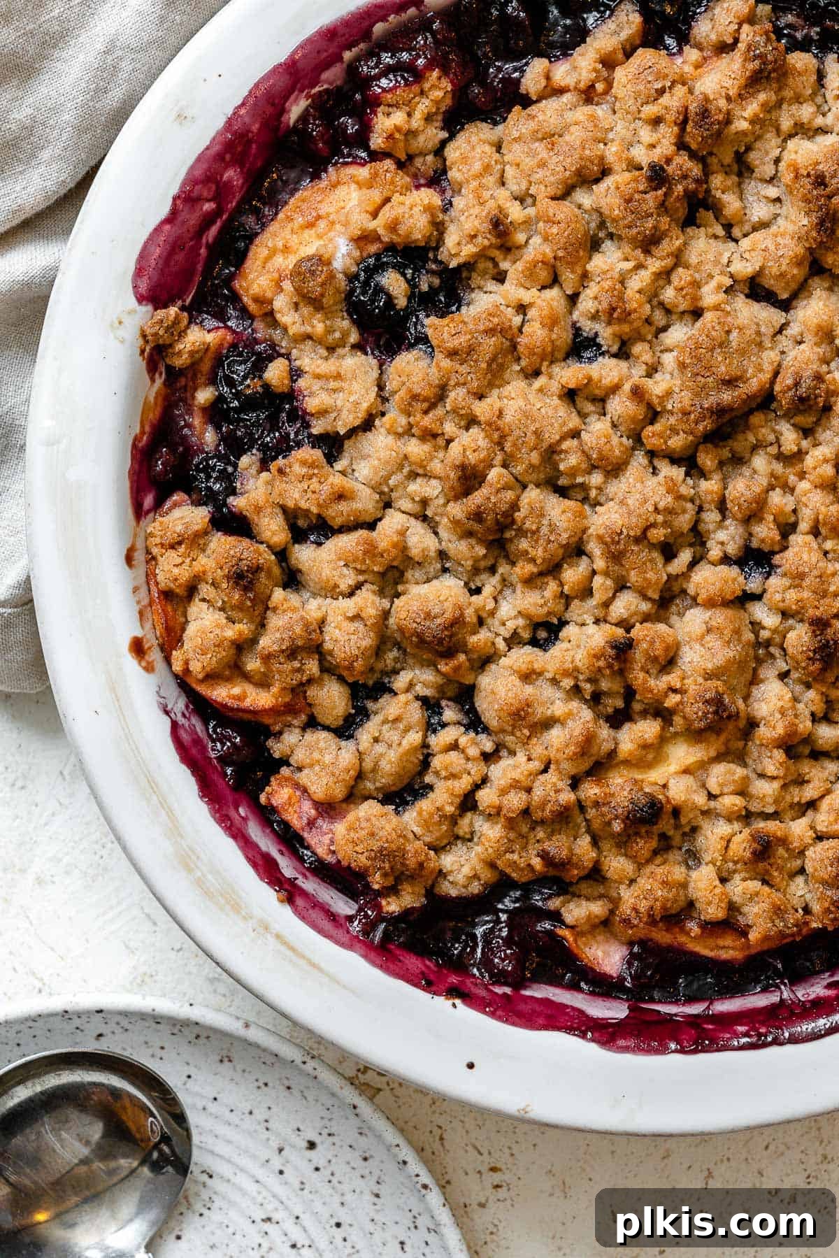 Warm Apple Blueberry Crumble 14 completed Apple and Blueberry Crumble against a light background