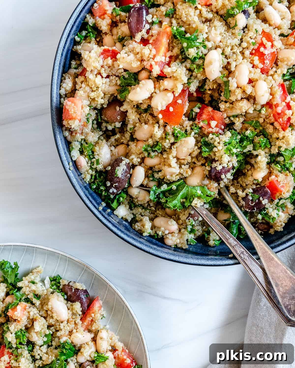Zesty Mediterranean Vegan Quinoa 2 A beautifully presented blue bowl brimming with completed Lemon Garlic Quinoa, highlighting its vibrant ingredients against a clean white background.