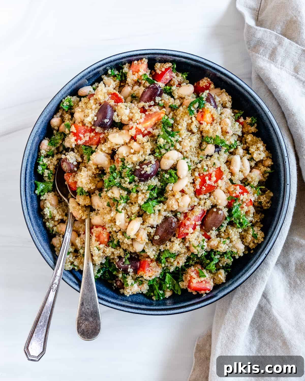 Zesty Mediterranean Vegan Quinoa 8 The final presentation of Lemon Garlic Quinoa in a blue bowl, highlighting its fresh ingredients against a serene white background.