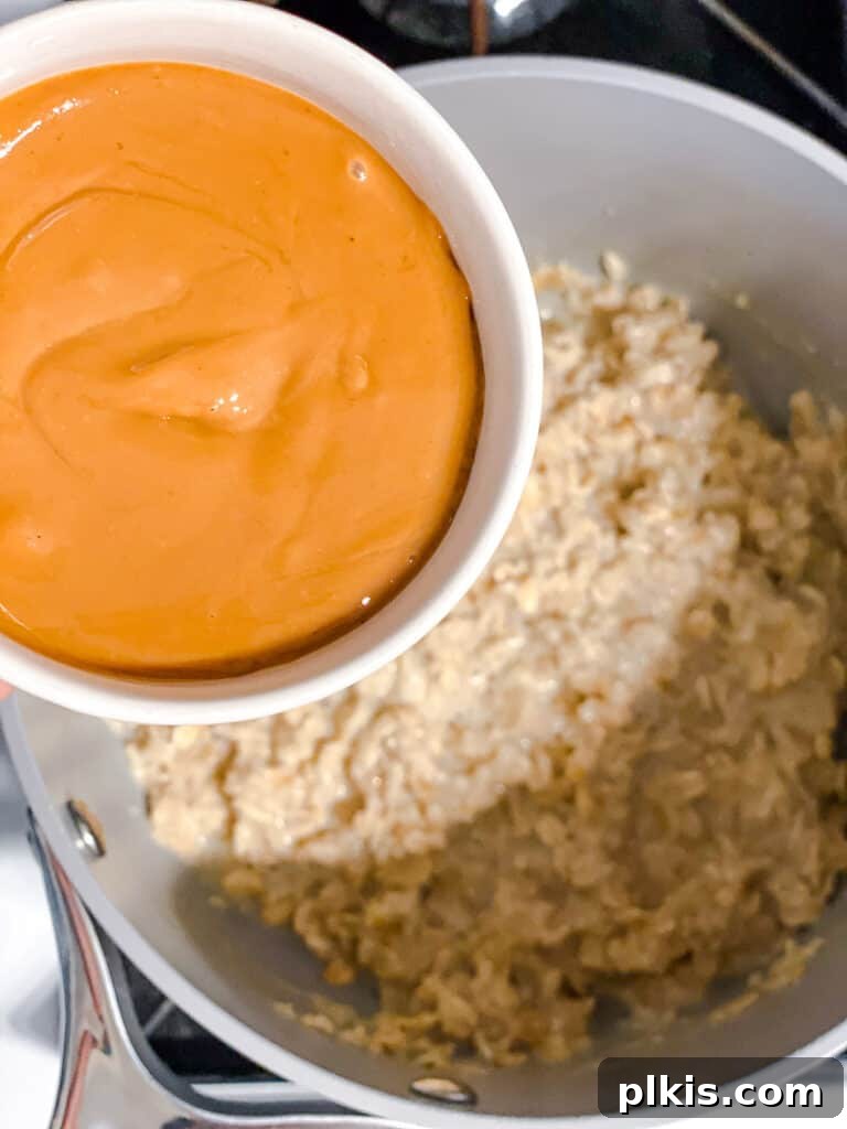 process shot of adding peanut butter to pot