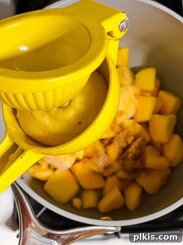 Versatile 3-Ingredient Mango Topping 6 Fresh lemon being squeezed into a pot of mango and sugar, adding the crucial acidic component to the compote mixture.