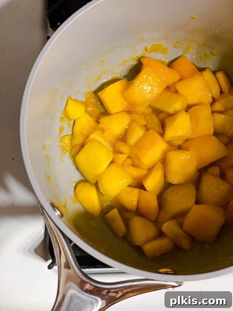 Versatile 3-Ingredient Mango Topping 7 Mango compote ingredients gently simmering in a pot on the stovetop, showing the fruit beginning to soften and release its juices.