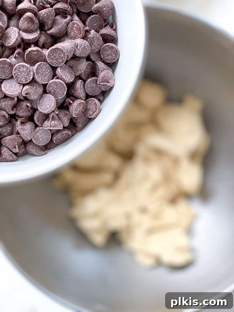 Moo-Free Chocolate Chip Wonders 6 Process shot of adding dairy-free chocolate chips to the cookie dough in a mixing bowl.