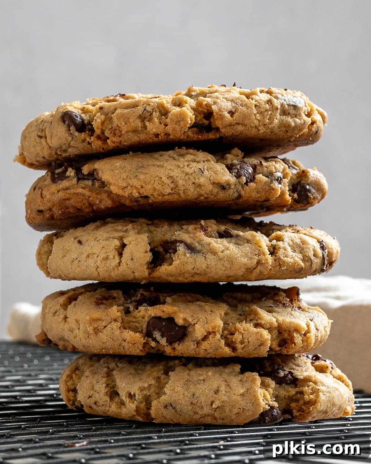Moo-Free Chocolate Chip Wonders 9 Completed dairy-free chocolate chip cookies stacked neatly on a wire rack, ready to be enjoyed.