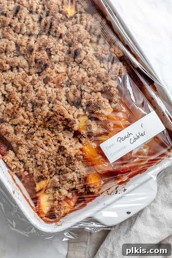 Effortless Vegan Peach Cobbler 11 A portion of Easy Vegan Peach Cobbler stored in a clear airtight container, ready for later enjoyment.