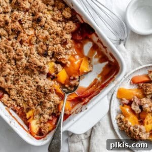Effortless Vegan Peach Cobbler 12 completed Easy Vegan Peach Cobbler in baking dish