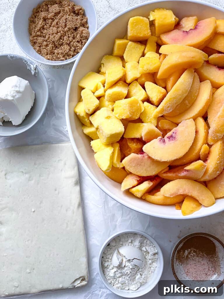 Golden Peach Mango Delights 4 Ingredients for Easy Peach Mango Pie measured out and ready, showcasing the fresh or frozen fruit alongside dry ingredients.