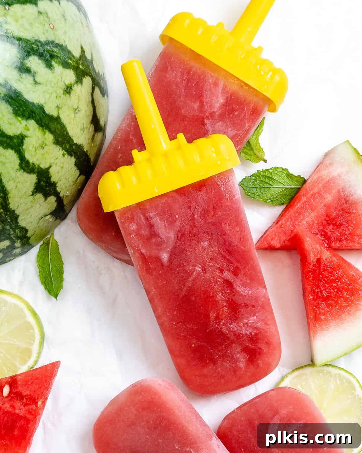 Sunshine Watermelon Pops 2 two completed Watermelon Popsicles with watermelon scattered in the background