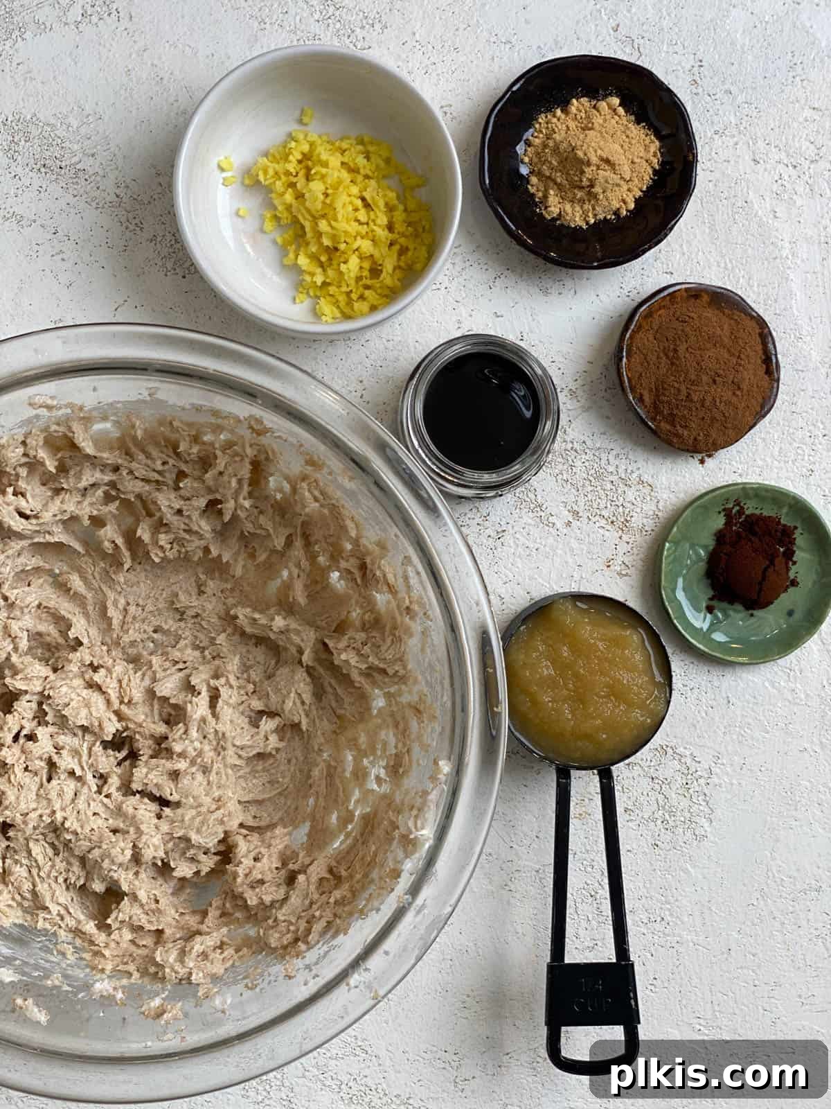 Bold Triple Ginger Vegan Snaps 8 Bowl of wet batter ingredients alongside measured out spices and fresh ginger.